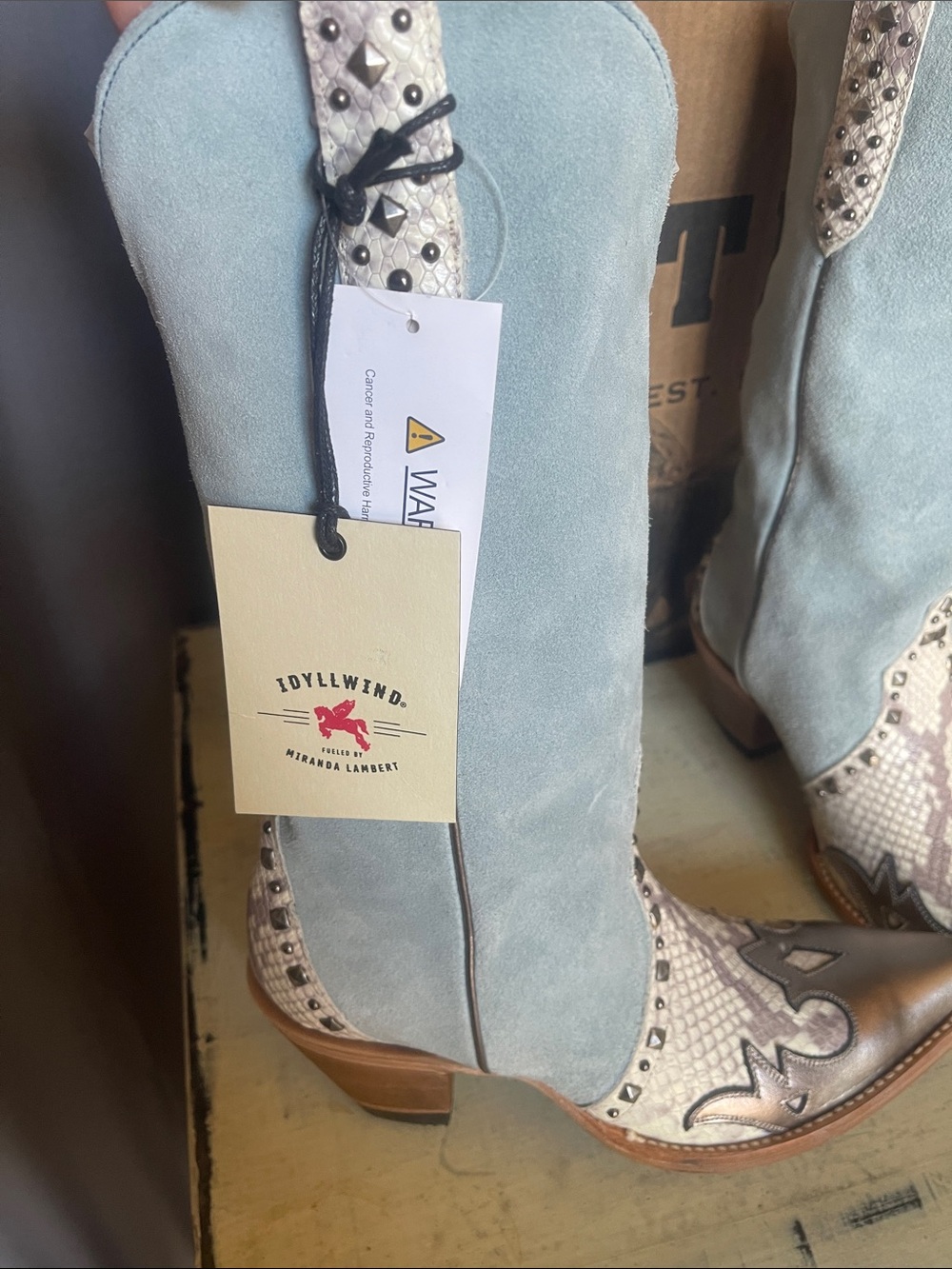 Light Blue Suede Western Cowboy Boots with Snakeskin Accent - Picture 3 of 5